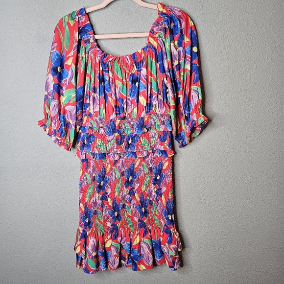 Skies Are Blue Dress Medium Red Blue Floral Shirred Mini Puff Sleeve Bodycon - Picture 6 of 8